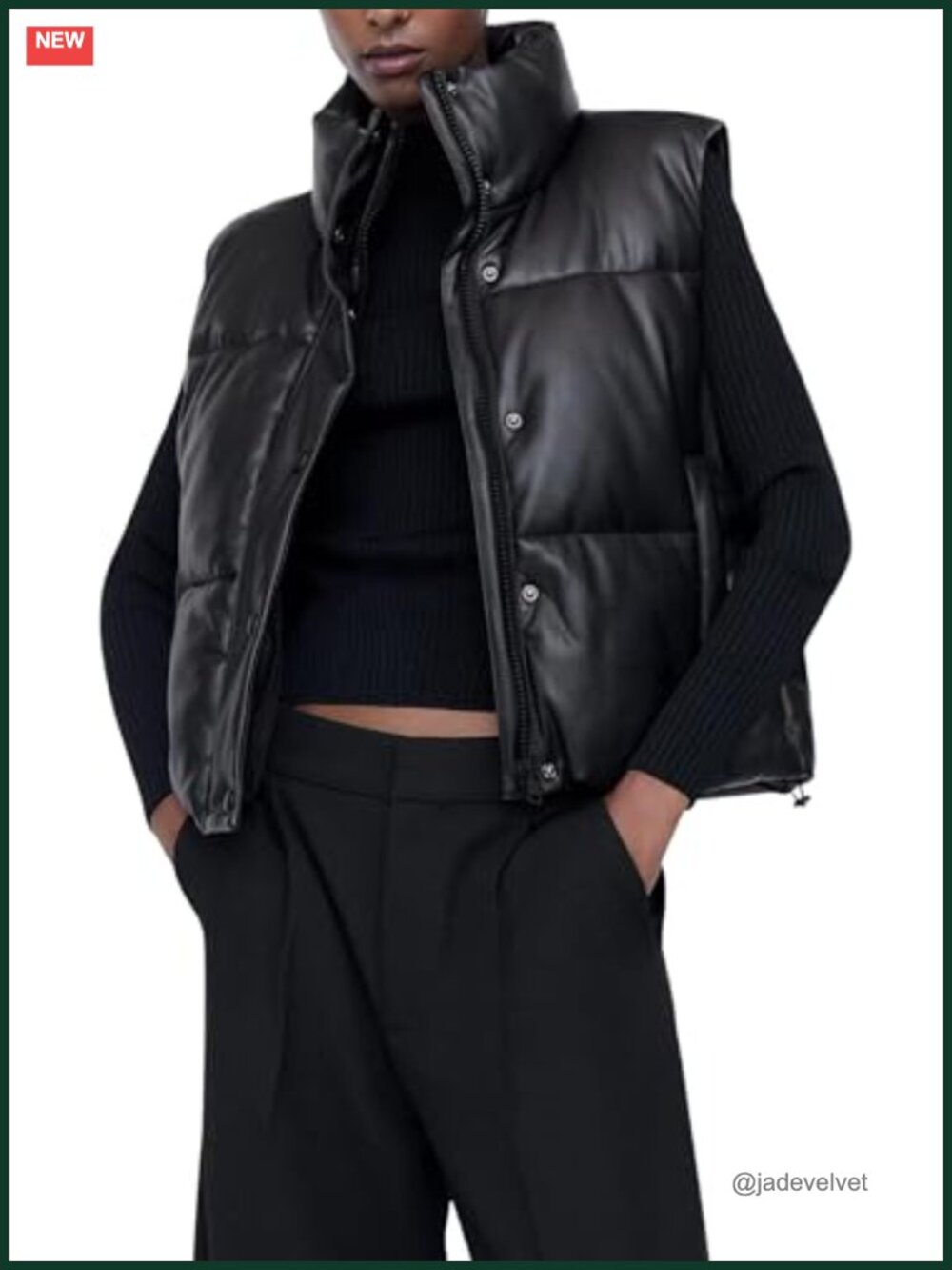 Faux Leather Puffer Vest Zip-Up Stand Collar Quilted Sleeveless